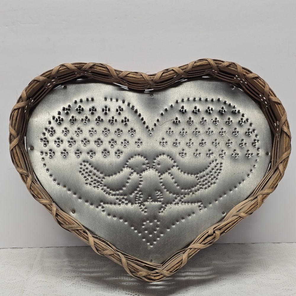 Vintage Wicker and Tin Heart Basket Punched Doves Love Birds Valentine's Day